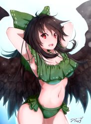 Rule 34 | 1girl, :d, armpits, arms behind head, baileys (tranquillity650), bikini, black hair, black wings, bow, breasts, cleavage, feathered wings, floating hair, green bikini, green bow, groin, hair between eyes, hair bow, hair ribbon, highres, long hair, looking at viewer, medium breasts, navel, open mouth, red eyes, reiuji utsuho, ribbon, signature, smile, solo, standing, striped, striped bow, swimsuit, touhou, white background, wings