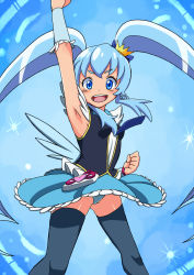 Rule 34 | 10s, 1girl, arm up, armpits, black thighhighs, blue background, blue eyes, blue hair, blue panties, blue skirt, crown, cure princess, happinesscharge precure!, highres, konboi-eg, long hair, magical girl, matching hair/eyes, mini crown, necktie, panties, pantyshot, precure, shirayuki hime, sidelocks, skirt, smile, solo, thighhighs, twintails, underwear, upskirt, wrist cuffs