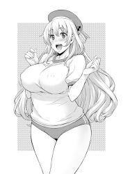 Rule 34 | 10s, 1girl, :d, alternate costume, atago (kancolle), beret, blush, breasts, buruma, cowboy shot, covered erect nipples, greyscale, gym uniform, hat, kantai collection, large breasts, long hair, monochrome, open mouth, plump, short sleeves, smile, solo, takurou