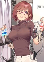 Rule 34 | 1girl, 92m, ahoge, bikini, black bikini, breasts, buttons, clothes hanger, fitting room, glasses, highres, holding, indoors, kinshi no ane (92m), looking at viewer, micro bikini, one eye closed, open mouth, original, pants, red-framed eyewear, red eyes, red hair, semi-rimless eyewear, shirt, solo, swimsuit, taut clothes, taut shirt, teeth, under-rim eyewear, upper teeth only, white pants