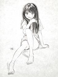 Rule 34 | 1girl, barefoot, blush, brushing teeth, commentary request, feet, full body, greyscale, highres, hiro (dismaless), holding, knee up, legs, long hair, looking at viewer, monochrome, original, shirt, short shorts, short sleeves, shorts, signature, sitting, solo, toothbrush, very long hair