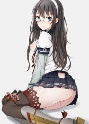 Rule 34 | 10s, 1girl, ass, bad id, bad twitter id, black hair, blue eyes, blush, breasts, cover, glasses, hairband, hip vent, jpeg artifacts, kantai collection, long hair, looking at viewer, nipples, oniku (oishii oniku), ooyodo (kancolle), open clothes, open shirt, pussy juice, school uniform, serafuku, shirt, skirt, solo