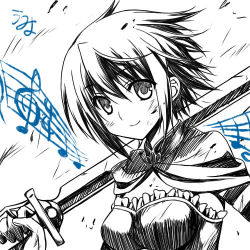 Rule 34 | 10s, 1girl, armband, cape, lowres, magical girl, mahou shoujo madoka magica, mahou shoujo madoka magica (anime), miki sayaka, monochrome, musical note, short hair, smile, solo, spot color, staff (music), sword, umyonge (lkakeu), weapon