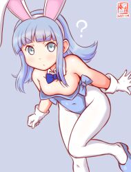 Rule 34 | 1girl, animal ears, artist logo, blue eyes, blue hair, blue leotard, bow, bowtie, covered navel, dated, detached collar, fake animal ears, fake tail, gloves, grey background, hatsukaze (kancolle), highleg, highleg leotard, hime cut, kanon (kurogane knights), kantai collection, leotard, looking at viewer, one-hour drawing challenge, pantyhose, playboy bunny, rabbit ears, rabbit tail, simple background, solo, strapless, strapless leotard, tail, traditional bowtie, white gloves, white pantyhose, wrist cuffs