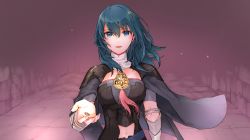 Rule 34 | 1girl, armor, blue eyes, blue hair, breasts, byleth (female) (fire emblem), byleth (fire emblem), cape, fire emblem, fire emblem: three houses, floating hair, grey cape, hair between eyes, holding, holding jewelry, holding ring, jewelry, long hair, medium breasts, midriff, navel, nintendo, open mouth, pink background, reaching, reaching towards viewer, ring, robaco, shoulder armor, solo, stomach, straight hair, upper body