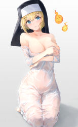 Rule 34 | 1girl, absurdres, arm under breasts, bare shoulders, blonde hair, blue eyes, blush, breast hold, breasts, cleavage, collarbone, commentary request, covered navel, en&#039;en no shouboutai, eyelashes, fire, flare (en&#039;en no shouboutai), habit, hair between eyes, head tilt, highres, iris (enen no shouboutai), large breasts, looking at viewer, nun, parted lips, pigone, see-through, seiza, short hair, simple background, sitting, solo, sputter (en&#039;en no shouboutai), wet, wet clothes, wet hair, white background