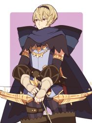 Rule 34 | 1boy, ai-wa, alternate costume, arrow (projectile), blonde hair, bow (weapon), cape, cosplay, fire emblem, fire emblem fates, gloves, hairband, leo (fire emblem), male focus, nintendo, red eyes, solo, weapon
