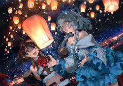 Rule 34 | 2girls, :d, ahoge, architecture, bare shoulders, black gloves, black hair, black skirt, blue dress, blue eyes, bow, boxing gloves, brown eyes, dress, dutch angle, east asian architecture, gloves, hair bow, hair rings, hairband, lantern, long hair, luo tianyi, midriff, multiple girls, night, night sky, open mouth, outdoors, outstretched hand, paper lantern, pom pom (clothes), ran (bukeranwu), sidelocks, silver hair, skirt, sky, sky lantern, smile, standing, vocaloid, yuezheng ling
