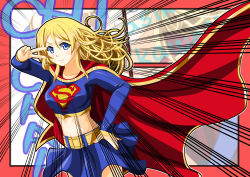Rule 34 | 10s, 1girl, ayase eli, cape, cosplay, costume, dc comics, emphasis lines, english text, horosho, jou (circlemay), long hair, love live!, love live! school idol project, skirt, sound effects, stomach, supergirl, supergirl (cosplay), superhero costume, v, v over eye