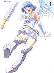 Rule 34 | 00s, angel, angel of light nanael, angel wings, artbook, asymmetrical wings, bare shoulders, blue hair, blush, boots, elbow gloves, gloves, green eyes, highres, kuuchuu yousai, miniskirt, nanael (queen&#039;s blade), nanael (queen's blade), panties, pantyshot, polka dot, polka dot panties, queen&#039;s blade, scan, short hair, skirt, solo, sword, thighhighs, underwear, weapon, wings