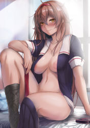 Rule 34 | 1girl, absurdres, bed, bed sheet, black legwear, blue jacket, blue skirt, blush, breasts, brown eyes, brown hair, bukkake, cellphone, collarbone, commentary request, cum, elbow on knee, hair between eyes, highres, jacket, kantai collection, knee up, large areolae, long hair, looking at viewer, medium breasts, messy hair, navel, on bed, open clothes, open jacket, phone, pillow, sagging breasts, shiratsuyu (kancolle), sitting, skirt, skirt around one leg, smartphone, smile, solo, window, yamataka