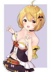 Rule 34 | 1girl, ahoge, ariel23795, armband, bare shoulders, bat hair ornament, blonde hair, bow, bowtie, breasts, choker, cleavage, clothing cutout, collarbone, diamond (shape), fang, gem, gold trim, hair ornament, highres, hololive, looking at viewer, medium breasts, medium hair, miniskirt, nail polish, navel, open mouth, paw pose, pink nails, revealing clothes, see-through, see-through sleeves, simple background, skin fang, skirt, smile, solo, stomach cutout, virtual youtuber, yellow eyes, yozora mel, yozora mel (1st costume)