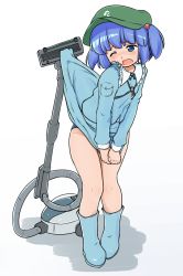 Rule 34 | 1girl, blue eyes, blue footwear, blue hair, blue shirt, blue skirt, blush, boots, clenched hands, clothes lift, clothes pull, frills, green hat, hair bobbles, hair ornament, hat, highres, holding, holding clothes, kawashiro nitori, key, knees together feet apart, long sleeves, nose blush, one eye closed, open mouth, pigeon-toed, pocket, shirt, short hair, simple background, skirt, skirt lift, solo, standing, swimsuit, swimsuit under clothes, touhou, turnip kabura, two side up, vacuum cleaner
