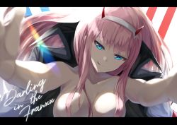 Rule 34 | 10s, 1girl, :p, blue eyes, breasts, copyright name, darling in the franxx, horns, igayan, letterboxed, long hair, looking at viewer, medium breasts, pink hair, solo, tongue, tongue out, upper body, zero two (darling in the franxx)