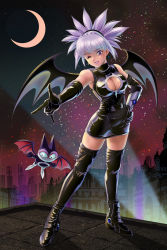 Rule 34 | 1girl, armpits, bad id, bad pixiv id, bat wings, black gloves, black thighhighs, breasts, cleavage, cleavage cutout, clothing cutout, creature, crescent moon, de-mo, dress, earrings, elbow gloves, facing viewer, flying, full body, gloves, hand on own hip, jewelry, komori aimi, looking at viewer, magical girl, medium breasts, moon, night, night sky, one eye closed, outdoors, purple eyes, rooftop, shadow lady, shadow lady (character), short dress, silver hair, skin tight, sky, sleeveless, sleeveless dress, smile, standing, star (sky), starry sky, tamanegiinyo, thighhighs, wings, wink, zettai ryouiki