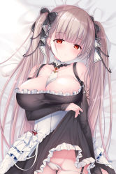 Rule 34 | 1girl, azur lane, bad id, bad pixiv id, bed sheet, between breasts, black dress, black nails, black ribbon, blunt bangs, blush, breasts, cleavage, closed mouth, clothes lift, collarbone, dress, dress lift, formidable (azur lane), hair ribbon, highres, large breasts, lifted by self, long hair, looking at viewer, lying, nail polish, on back, panties, red eyes, ribbon, silver hair, solo, sousouman, twintails, two-tone dress, two-tone ribbon, underwear, white dress, white panties, white ribbon