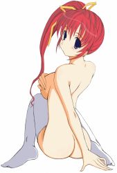 Rule 34 | 00s, 1girl, arm support, ass, back, blue eyes, bow, breast hold, breasts, comic party, covering privates, covering breasts, from behind, highres, kamimiya, long hair, looking back, no shoes, nude, nude cover, ponytail, red hair, side ponytail, simple background, sitting, solo, takase mizuki, thighhighs, white background, white thighhighs, yellow bow