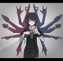 Rule 34 | 1girl, \n/, arikoro88, black dress, black hair, black nails, bow, bowtie, buttons, center frills, choker, dress, extra arms, facing viewer, finger gun, frilled shirt collar, frills, grey background, highres, houjuu nue, jewelry, letterboxed, looking at viewer, medium hair, nail polish, ok sign, open hand, open hands, outstretched arms, penetration gesture, pointing, pointing at viewer, red bow, red eyes, ring, smirk, snake, solo, swept bangs, symmetry, touhou, wristband
