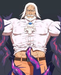 Rule 34 | 1boy, anger vein, ascot, bara, beard, belt, black background, blue eyes, brooch, dark-skinned male, dark skin, facial hair, highres, jewelry, jp (street fighter), large pectorals, long hair, male focus, mature male, muscular, muscular male, mustache, old, old man, pants, pectorals, print shirt, restrained, sa1k0p, shirt, solo, street fighter, street fighter 6, sweatdrop, tentacles, tentacles on male, tentacles under clothes, thick eyebrows, thick mustache, white hair