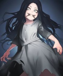 Rule 34 | 1girl, 4066, black hair, child, dress, emilia (pacify), facepaint, female focus, floating clothes, floating hair, from below, ghost, grey dress, horror (theme), long hair, looking at viewer, looking down, pacify, solo, teeth, torn clothes, torn dress, white eyes