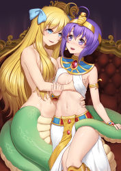 Rule 34 | 2girls, :d, ahoge, anarchojs, armlet, bare shoulders, blonde hair, blue eyes, blue ribbon, blush, bracelet, grabbing another&#039;s breast, breasts, circlet, cleavage, collarbone, commentary request, couch, cowboy shot, egyptian clothes, fang, fangs, grabbing, groin, hair between eyes, hair censor, hair over breasts, hair ribbon, highres, jashin-chan, jashin-chan dropkick, jewelry, lamia, large breasts, long hair, looking at another, medium breasts, medusa (jashin-chan dropkick), midriff, monster girl, multiple girls, navel, nose blush, open mouth, purple eyes, purple hair, ribbon, short hair, sidelocks, sitting, skirt, smile, stomach, usekh collar, white skirt, yuri