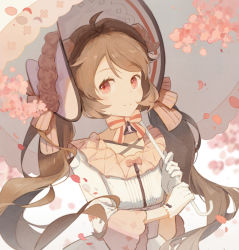 Rule 34 | 1girl, ahoge, ambience synesthesia, animal ears, arknights, bonnet, brown hair, dress, eyjafjalla (arknights), falling petals, highres, holding, holding umbrella, horns, long hair, looking at viewer, official alternate costume, parasol, petals, pink eyes, sheep ears, sheep girl, sheep horns, smile, solo, twintails, umbrella, upper body, very long hair, wavy hair, white dress, white headwear, youra5