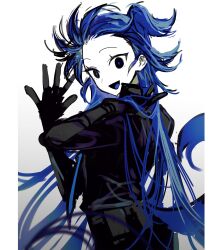 Rule 34 | 1girl, absurdres, animal ears, black eyes, black jacket, blue hair, blue pupils, dog ears, dog girl, dog tail, hand up, highres, jacket, long hair, long sleeves, looking at viewer, open mouth, original, remsrar, simple background, smile, solo, tail, upper body, very long hair, white background