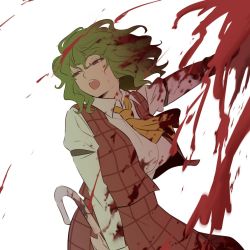 Rule 34 | 1girl, arm garter, ascot, blood, blood on clothes, blood on face, blood splatter, breasts, cropped legs, green hair, hair between eyes, holding, holding umbrella, kazami yuuka, large breasts, long sleeves, looking to the side, open mouth, parasol, plaid, plaid skirt, plaid vest, red eyes, shirt, short hair, shundou heishirou, simple background, skirt, solo, teeth, touhou, umbrella, upper teeth only, vest, white background, white shirt, yellow ascot