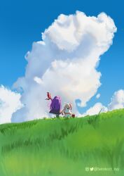 Rule 34 | 2girls, absurdres, artist name, blue sky, cloud, cloudy sky, commentary, commentary request, cumulonimbus cloud, day, english commentary, facing away, fern (sousou no frieren), field, frieren, from behind, grass, highres, long hair, mage staff, mixed-language commentary, multiple girls, outdoors, purple hair, satoko77, sitting, sky, sousou no frieren, standing, twintails, watermark, white hair, wide shot