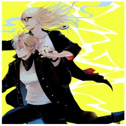 Rule 34 | 2boys, black jacket, black nails, black pants, blonde hair, cigarette, coat, daybit sem void, fate/grand order, fate (series), floating hair, holding hands, jacket, jewelry, long hair, long sleeves, looking to the side, male focus, medallion, multiple boys, necklace, nobicco, open clothes, open jacket, orange-tinted eyewear, pants, purple eyes, shirt, short hair, simple background, sunglasses, tezcatlipoca (fate), tinted eyewear, trench coat, white shirt, yellow background