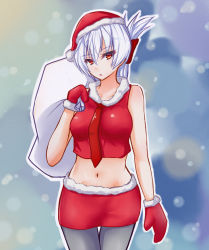 Rule 34 | 1girl, aq interactive, arcana heart, arcana heart 2, artist request, bag, christmas, crop top, dress, examu, folded ponytail, fur-trimmed dress, fur trim, hat, looking at viewer, midriff, navel, pantyhose, parted lips, red dress, red eyes, sack, santa hat, short hair, shorts, silver hair, snow, zenia valov