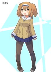 Rule 34 | 1girl, alternate costume, artist logo, black pantyhose, blue background, blue skirt, boots, breasts, brown eyes, full body, green jacket, hairband, highres, i-26 (kancolle), impossible clothes, jacket, kantai collection, light brown hair, long sleeves, medium breasts, open mouth, pantyhose, pepatiku, sailor collar, short sleeves, skirt, solo, two-tone hairband, two side up, white background, white sailor collar