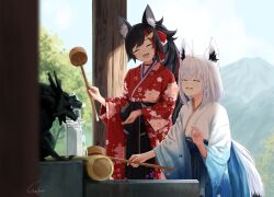 Rule 34 | 2girls, :d, absurdres, ahoge, animal ear fluff, animal ears, black hair, black hakama, blue hakama, blue kimono, blue sky, blurry, blurry foreground, braid, closed eyes, cloud, cloudy sky, commentary request, day, depth of field, floral print, fox ears, fox girl, fox tail, gradient kimono, gurifu, hair between eyes, hair ornament, hairclip, hakama, hakama skirt, highres, hololive, japanese clothes, kimono, long sleeves, mountain, multicolored hair, multiple girls, ookami mio, open mouth, outdoors, print kimono, red hair, red kimono, shirakami fubuki, skirt, sky, smile, streaked hair, tail, virtual youtuber, water, wavy mouth, white hair, white kimono, wide sleeves, wolf ears