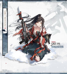 Rule 34 | 1girl, :o, barefoot, bayonet, black gloves, black hair, blood, blue skirt, broken, broken weapon, collarbone, commentary, cuts, english commentary, english text, fingerless gloves, full body, girls&#039; frontline, gloves, gun, high ponytail, holding, holding gun, holding weapon, imoko (imonatsuki), injury, japanese clothes, kimono, kneeling, long skirt, long sleeves, looking at viewer, official alternate costume, official art, open mouth, orange eyes, pouch, qbz-191, qbz-191 (girls&#039; frontline), qbz-191 (lone pine walker) (girls&#039; frontline), red kimono, red ribbon, rerebrace, ribbon, scar, scar on face, scope, scrape, scraped knee, second-party source, simple background, skirt, snow, solo, star (symbol), torn clothes, torn kimono, torn ribbon, torn skirt, vambraces, weapon, white background