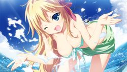 Rule 34 | 1girl, beach, bent over, blonde hair, blue eyes, breasts, cleavage, cloud, game cg, large breasts, looking at viewer, material brave, material brave ignition, ocean, open mouth, ougi kanae, outdoors, ribbon, sky, solo, tagme, wink