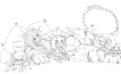 Rule 34 | 4girls, angry, animal ears, animal hands, armor, artist request, bad anatomy, bad proportions, bikini, breasts, claws, eating, fingernails, fish, greyscale, hand on another&#039;s head, highres, jinko (monster girl encyclopedia), large hands, long fingernails, long hair, long tail, lying, lying on person, midriff, monochrome, monster girl, monster girl encyclopedia, monster girl encyclopedia ii, mother and child, mother and daughter, multiple girls, on side, pillow, poorly drawn, scratches, swimsuit, tail, tears, tiger ears, tiger girl, tiger paws, tiger stripes, tiger tail, wide hips