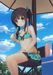 Rule 34 | aqua bikini, bad id, bad pixiv id, bare arms, bare shoulders, bikini, bikini skirt, black hair, blue ribbon, blue sky, blush, bow, bracelet, breasts, chair, cleavage, cloud, cloudy sky, collarbone, cooler, day, flower, food, from side, front-tie bikini top, front-tie top, green eyes, hair flower, hair ornament, hair ribbon, halterneck, hands on lap, holding, holding food, house, jewelry, leaning forward, long hair, looking at viewer, navel, original, outdoors, parasol, parted lips, popsicle, ribbon, sidelocks, sitting, sky, small breasts, solo, swimsuit, tree, twintails, umbrella, usagino suzu, window, yellow bow