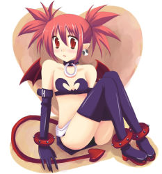 Rule 34 | 00s, 1girl, bat wings, blush, collar, demon girl, demon tail, demon wings, disgaea, earrings, elbow gloves, etna (disgaea), female focus, flat chest, gloves, jewelry, makai senki disgaea, makai senki disgaea 2, makai senki disgaea 3, miniskirt, nippon ichi, pointy ears, red eyes, red hair, skirt, solo, spiked hair, tail, thighhighs, twintails, white background, wings