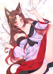 Rule 34 | 1girl, absurdres, animal ear fluff, animal ears, bare shoulders, bed, bed sheet, blush, breasts, brooch, brown hair, commentary request, dress, frilled sleeves, frills, gem, highres, imaizumi kagerou, jewelry, large breasts, lips, long hair, long sleeves, looking at viewer, lying, multicolored clothes, multicolored dress, off-shoulder dress, off shoulder, on back, origami aya, panties, parted bangs, pillow, red eyes, red gemstone, sheet grab, sidelocks, smile, solo, spread legs, tail, thick thighs, thighs, touhou, underwear, white panties, wide sleeves, wolf ears, wolf girl, wolf tail