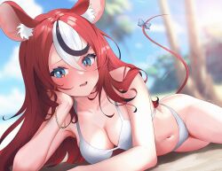 Rule 34 | 1girl, animal ear fluff, animal ears, beach, bikini, blue eyes, blue sky, blurry, blurry background, blush, bow, breasts, cleavage, cloud, day, elbow rest, gold bracelet, hakos baelz, highres, hololive, hololive english, lens flare, long hair, looking at viewer, lying, medium breasts, mouse ears, mouse girl, mouse tail, multicolored hair, on side, open mouth, outdoors, palm tree, red hair, sk jynx, sky, solo, streaked hair, swimsuit, tail, tail bow, tail ornament, tree, virtual youtuber, white bikini