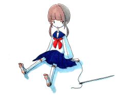 Rule 34 | 1girl, barefoot, blue sailor collar, blue skirt, brown hair, commentary, doll, full body, long hair, long sleeves, looking at viewer, neckerchief, needle, original, pleated skirt, red neckerchief, sailor collar, sailor shirt, school uniform, serafuku, sewing needle, shirt, sidelocks, sideways glance, simple background, sitting, skirt, solo, stitches, thread, tokunaga aoi, traditional media, twintails, white background, white shirt