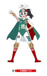 Rule 34 | 1girl, 2018 fifa world cup, :d, animal, animal on head, bird, bird on head, blue eyes, bodysuit, cape, fangs, full body, hand on own hip, looking at viewer, luchador, luchador mask, mexican flag, mexico, on head, open mouth, side ponytail, simple background, smile, soccer, soccer ball print, solo, white background, world cup, yu yanshu