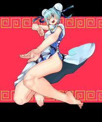 Rule 34 | 1girl, alternate costume, alternate hair length, alternate hairstyle, aqua hair, barefoot, blush, bottomless, china dress, chinese border, chinese clothes, clenched hand, commentary request, double bun, dress, eiji (eiji), feet, fighting stance, floral print, hatsune miku, head tilt, highres, jumping, looking at viewer, no panties, open mouth, short hair, short sleeves, smile, solo, teeth, toes, upper teeth only, vocaloid