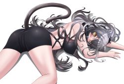 Rule 34 | 1girl, absurdres, animal ears, arknights, ass, bare arms, bare shoulders, black scarf, black shorts, breasts, cat ears, cat tail, commentary, crop top, highres, large breasts, long hair, looking at viewer, lying, midriff, nithros, scarf, schwarz (arknights), short shorts, shorts, silver hair, simple background, solo, tail, thighs, very long hair, white background, yellow eyes