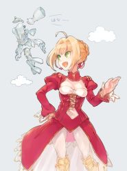 Rule 34 | 10s, ahoge, armor, armored boots, belt, blonde hair, boots, braid, breasts, buttons, center opening, cleavage, cleavage cutout, clothing cutout, cloud, detached sleeves, dress, epaulettes, fate/extra, fate/extra ccc, fate (series), french braid, greaves, green eyes, grey background, hair bun, hair ribbon, hand on own hip, juliet sleeves, knee boots, lace, lace-trimmed dress, lace-trimmed sleeves, lace trim, long sleeves, looking back, nero claudius (fate), nero claudius (fate) (all), open mouth, outstretched arm, puffy long sleeves, puffy sleeves, red dress, red ribbon, ribbon, see-through, short hair with long locks, simple background, smile, solo, standing, translation request, urayamashiro (artist), white dress, wide sleeves