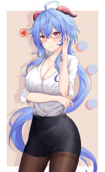 Rule 34 | 1girl, absurdres, black pantyhose, blouse, blue hair, border, breasts, button gap, cleavage, closed mouth, collared shirt, contemporary, cowboy shot, ganyu (genshin impact), genshin impact, glasses, heart, highres, horns, large breasts, long hair, office lady, pantyhose, purple eyes, shirt, shirt tucked in, smile, solo, spoken heart, very long hair, white border, white shirt, zim-o (2cy520)