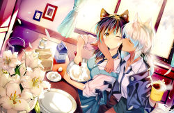 Rule 34 | 2girls, animal ears, apron, baking, black jacket, blue apron, blue neckwear, breasts, brown hair, cat ears, closed eyes, commentary request, copyright request, cup, day, flour, flower, green skirt, highres, holding, holding cup, indoors, jacket, kitchen, long hair, medium breasts, milk carton, multicolored hair, multiple girls, necktie, pencil skirt, ponytail, rei (rei&#039;s room), shirt, skirt, steam, tongue, tongue out, white flower, white shirt, window, yuri