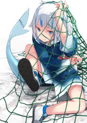 Rule 34 | 1girl, animal hood, blue eyes, blue hair, blue nails, fins, fish bone, fish tail, fishing net, gawr gura, highres, hololive, hololive english, hood, hood down, multicolored hair, nail polish, re lucy, shark girl, shark hood, shark tail, shoe soles, shoes, tail, virtual youtuber, wet, wet clothes, white hair