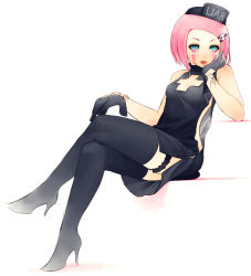 Rule 34 | 1girl, black gloves, blue eyes, boots, clothes writing, crossed legs, dress, eyeshadow, gloves, hair ornament, hairclip, hat, head rest, high heel boots, high heels, bridal garter, makeup, mike inel, nurse, nurse cap, original, parted lips, pink hair, short dress, side slit, sitting, solo, thigh boots, thighhighs