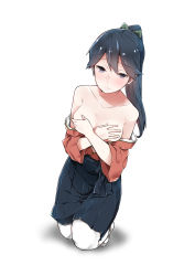 Rule 34 | 10s, 1girl, absurdres, bare shoulders, black hair, blush, breasts, covering privates, covering breasts, highres, houshou (kancolle), japanese clothes, kantai collection, kneeling, long hair, medium breasts, mitsudoue, mole, mole on breast, pantyhose, ponytail, simple background, solo, thighhighs, underwear, white thighhighs